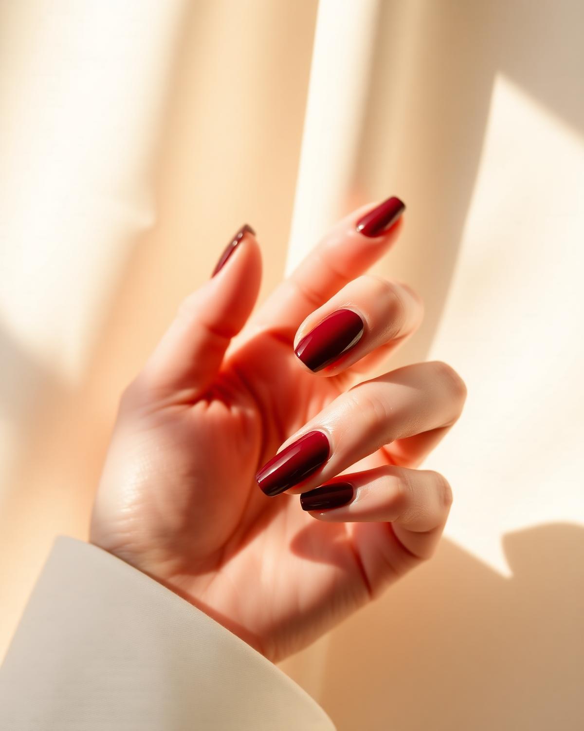 Glossy deep burgundy manicure in warm daylight