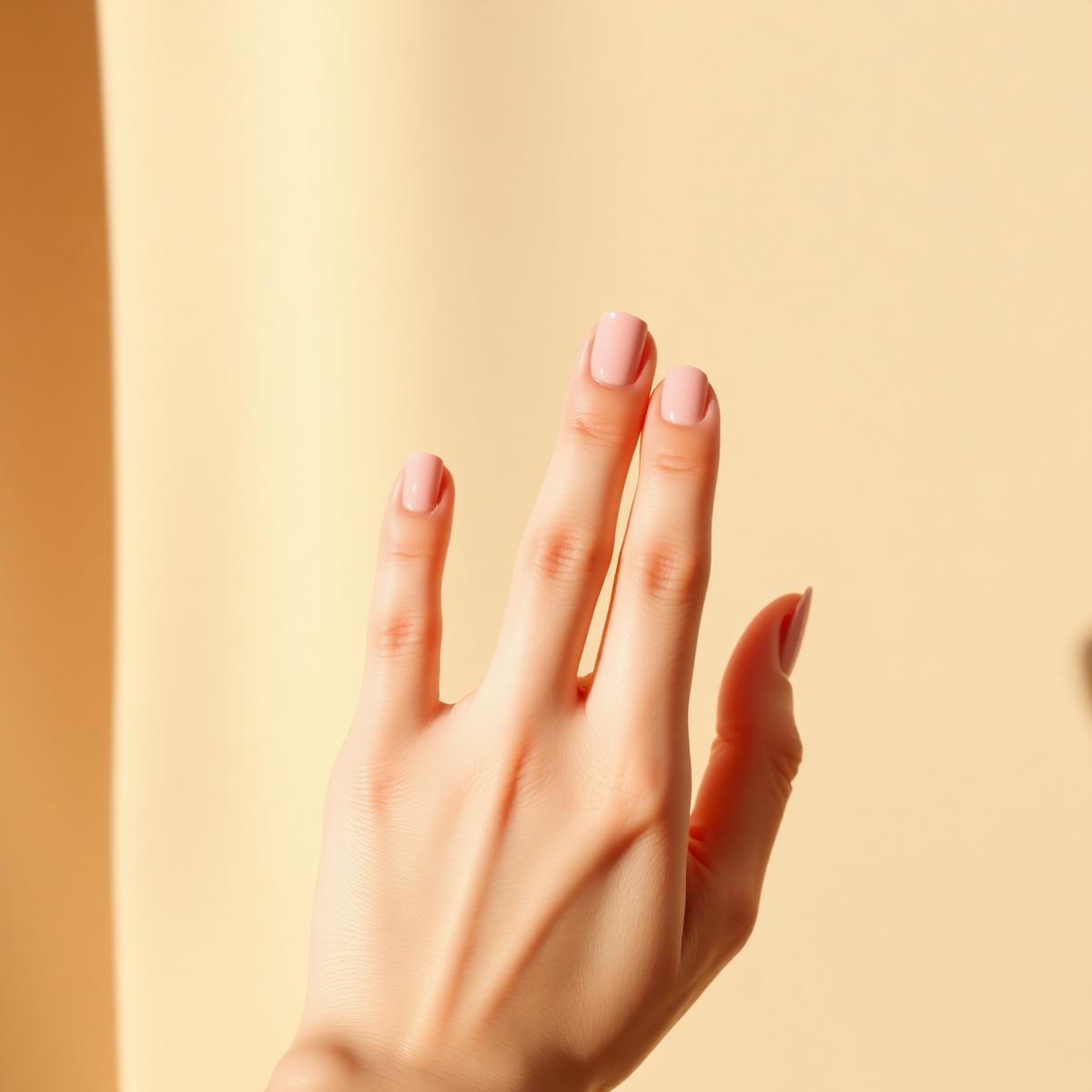 Minimalist nude glossy nails on warm cream backdrop