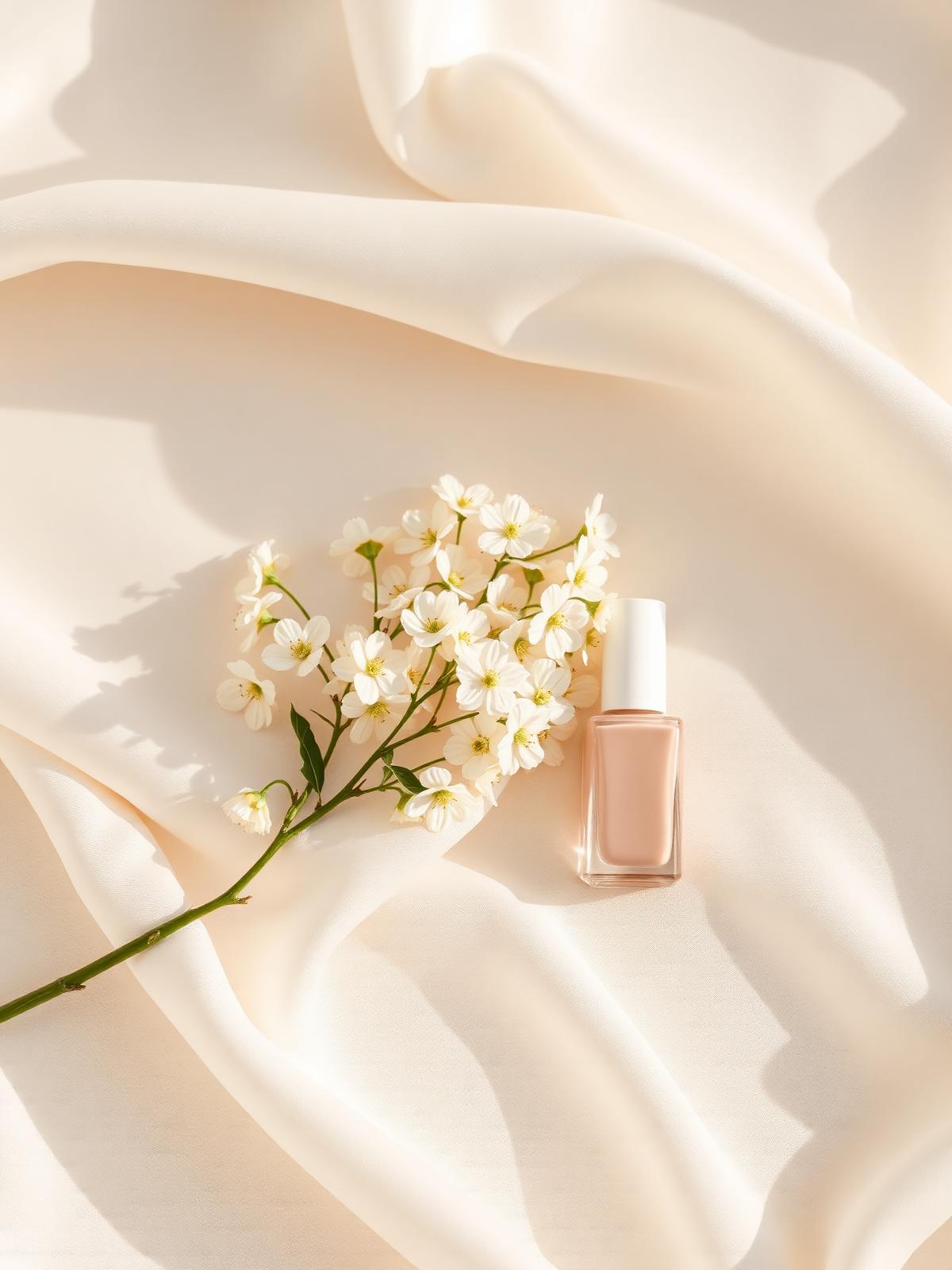 Ivory silk still life with white blossom and nude polish
