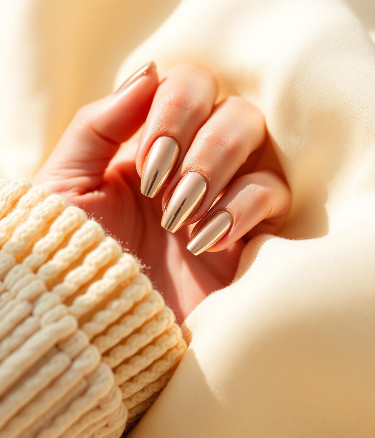 Champagne chrome mirror finish on almond nails
