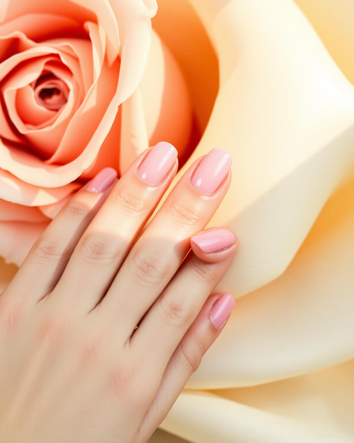 Soft blush pink nails beside a coral rose