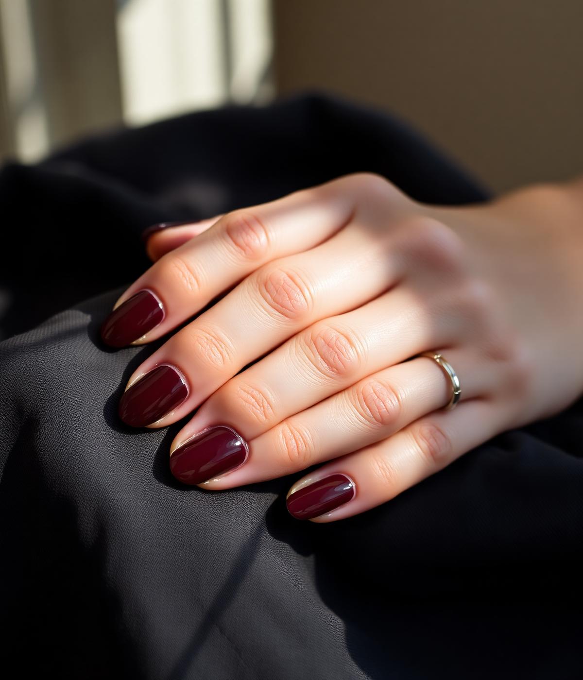 Muted burgundy manicure resting on dark linen