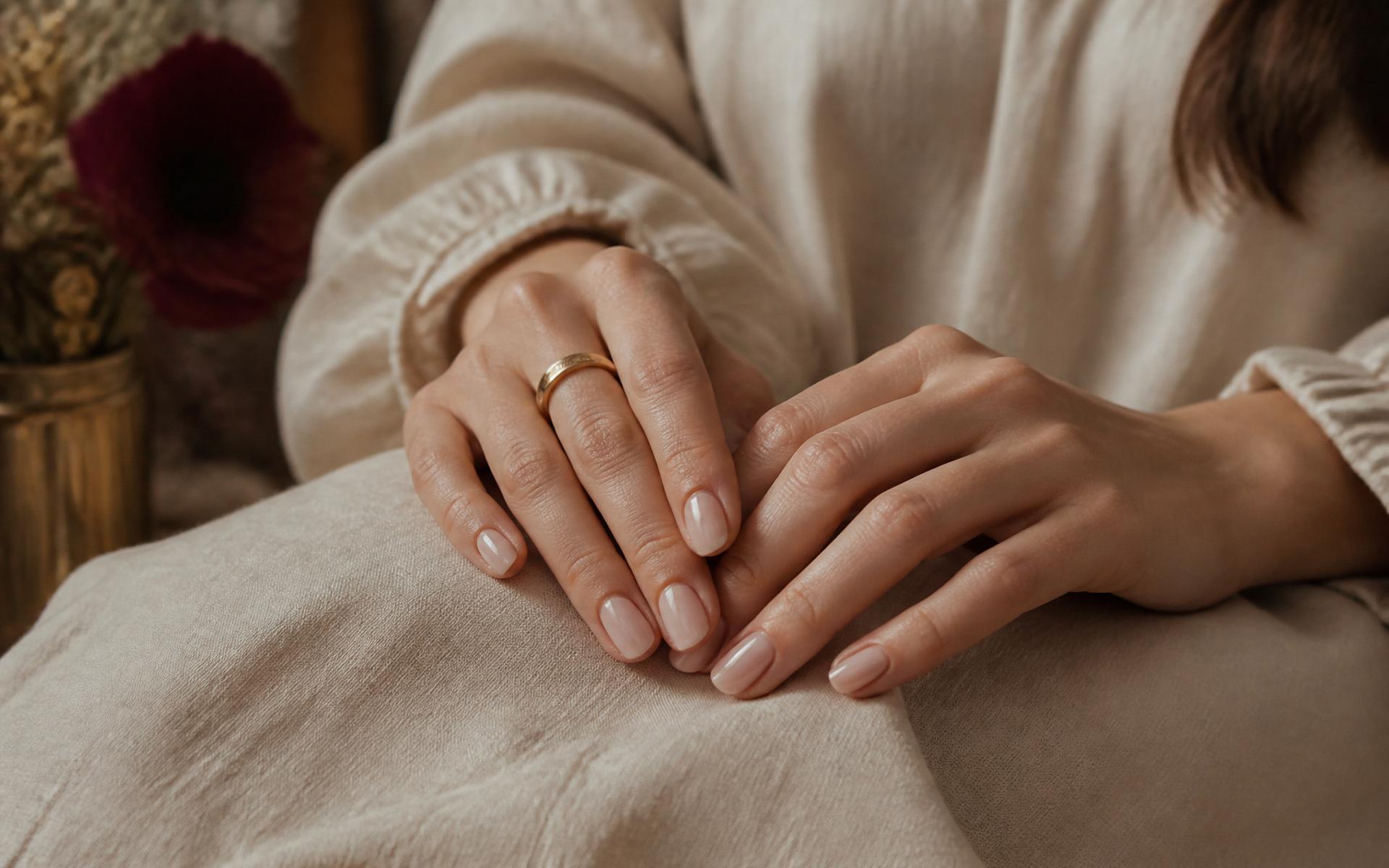 Elegant hands with a soft nude glossy manicure resting on warm cream linen