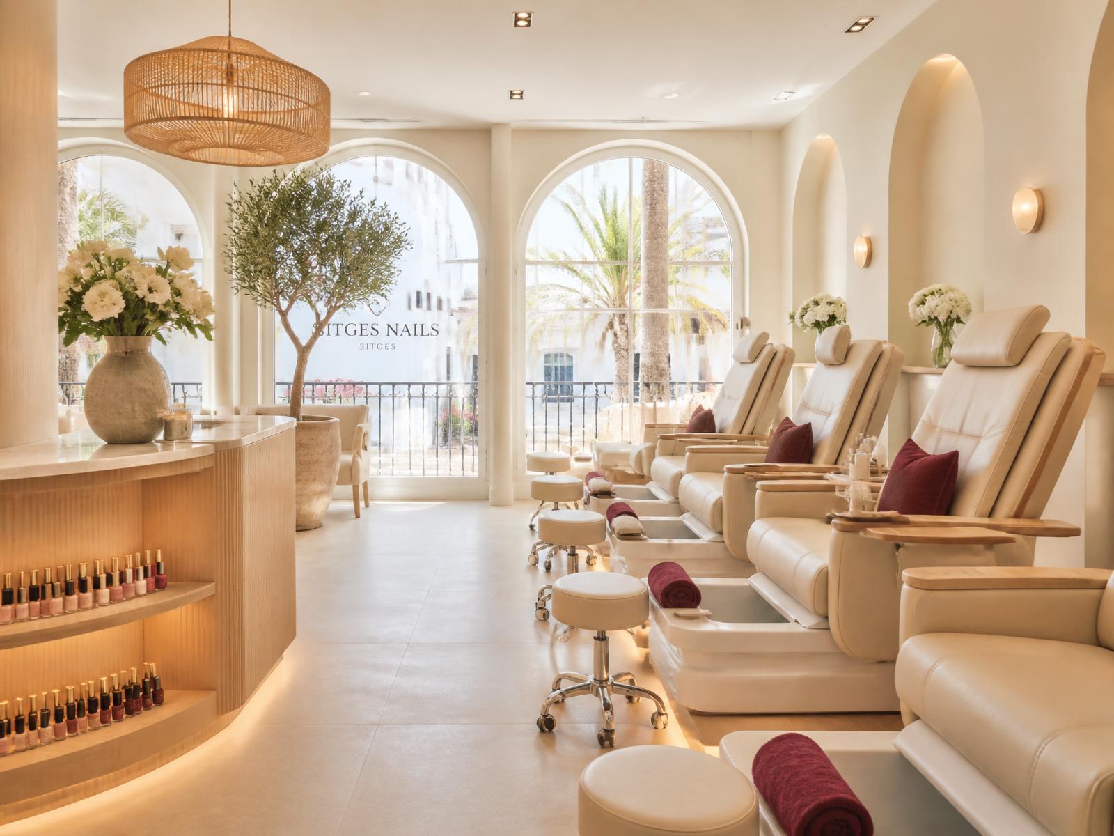 Bright, calm nail salon interior with cream walls and elegant pedicure chairs
